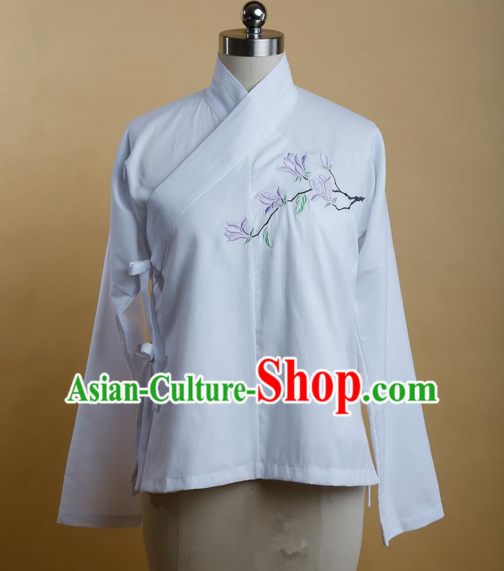 Traditional Ancient Chinese Female Costume, Elegant Hanfu Clothing Chinese Ming Dynasty Imperial Princess Embroidered Hibiscus Rosa-Sinensis White Blouse for Women