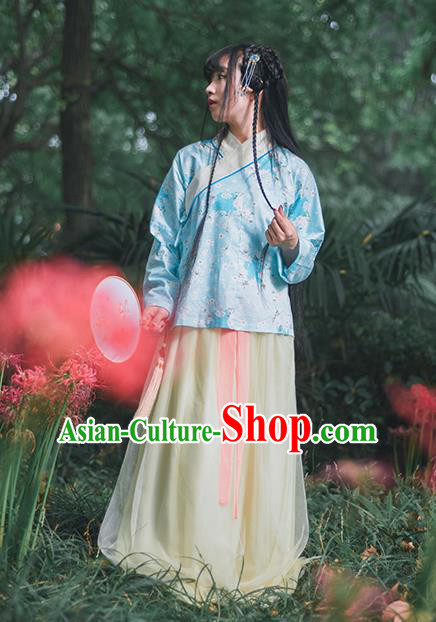 Traditional Ancient Chinese Female Costume Blouse, Elegant Hanfu Clothing Chinese Ming Dynasty Palace Lady Embroidered Oriental Cherry Blue Shirt Clothing for Women