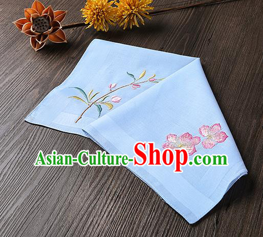 Traditional Ancient Chinese Palace Embroidered Peach Blossom Blue Handkerchief for Women