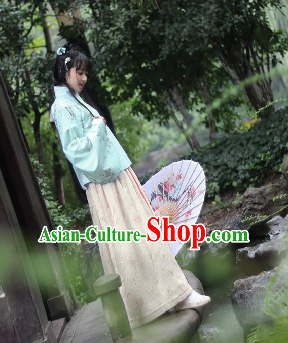 Traditional Ancient Chinese Female Costume Blouse and Skirt Complete Set, Elegant Hanfu Clothing Chinese Ming Dynasty Palace Lady Linen Embroidered Clothing for Women
