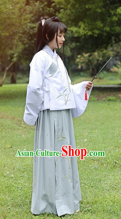Traditional Ancient Chinese Female Costume Blouse and Dress Complete Set, Elegant Hanfu Slant Opening Clothing Chinese Ming Dynasty Palace Lady Embroidered Bamboo Leaf Clothing for Women