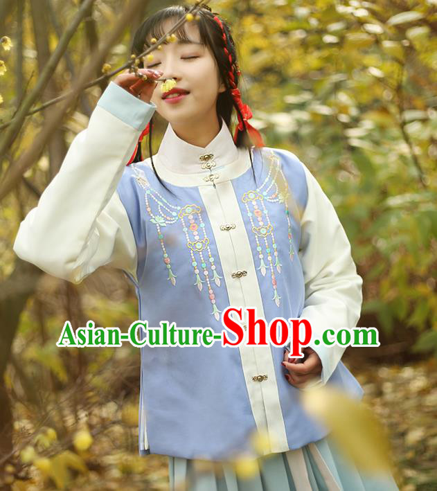 Traditional Ancient Chinese Female Costume Round Collar Vest, Elegant Hanfu Vest Chinese Ming Dynasty Palace Lady Embroidered Front Opening Waistcoat Clothing for Women