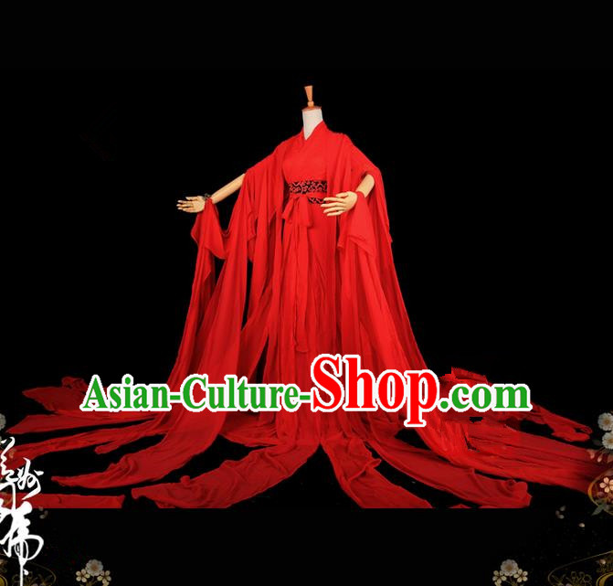 Traditional Asian Chinese Princess Costume, Elegant Hanfu Water Sleeve Dance Dress, Chinese Imperial Princess Tailing Embroidered Red Clothing, Chinese Cosplay Fairy Princess Empress Queen Cosplay Costumes for Women
