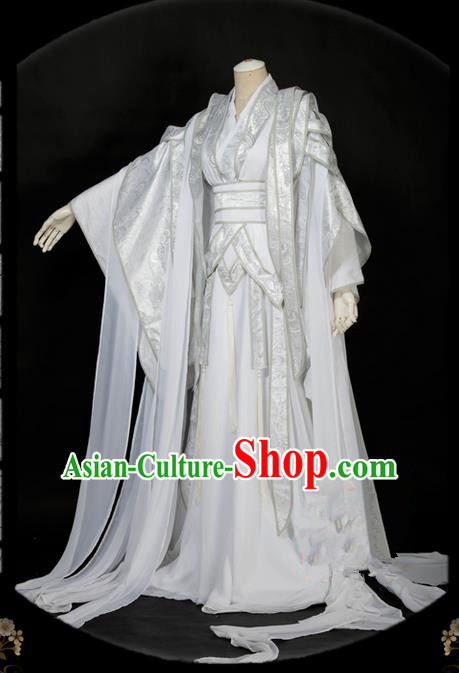 Traditional Asian Chinese Ancient Nobility Childe Costume, Elegant Hanfu White Dress, Chinese Imperial Prince Embroidered Clothing, Chinese Cosplay Prince Costumes for Men