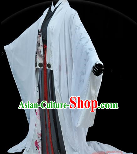 Traditional Asian Chinese Ancient Nobility Childe Costume, Elegant Hanfu White Dress, Chinese Imperial Prince Tailing Ink Painting Plum Blossom Clothing, Chinese Cosplay Swordsman Costumes for Men
