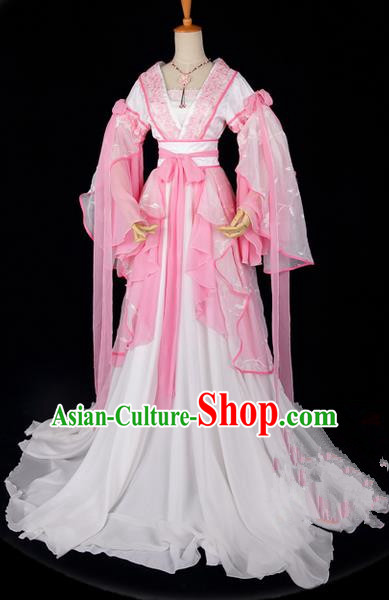 Traditional Asian Chinese Ancient Palace Princess Costume, Elegant Hanfu Embroidered Peach Blossom Pink Dress, Chinese Imperial Princess Tailing Embroidered Epiphyllum Clothing, Chinese Cosplay Fairy Princess Empress Queen Cosplay Costumes for Women
