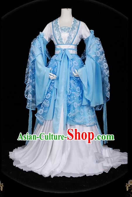 Traditional Asian Chinese Ancient Palace Princess Costume, Elegant Hanfu Water Blue Butterfly Printing Dress, Chinese Imperial Princess Tailing Clothing, Chinese Cosplay Fairy Princess Empress Queen Cosplay Costumes for Women
