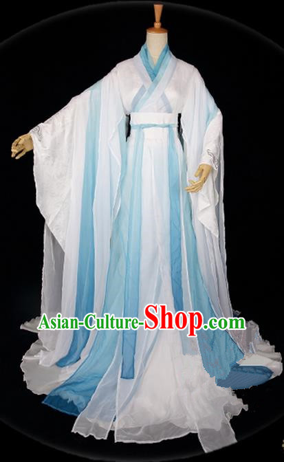 Traditional Asian Chinese Ancient Palace Princess Costume, Elegant Hanfu Water Blue Ink Painting Dress, Chinese Imperial Princess Tailing Clothing, Chinese Cosplay Fairy Princess Empress Queen Cosplay Costumes for Women