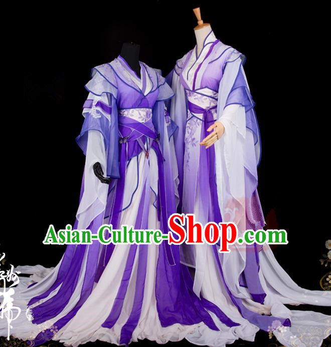 Traditional Asian Chinese Ancient Palace Couple Costume, Elegant Hanfu Wide Sleeve Violet Dress, Chinese Cosplay Swordsman Costumes for Women for Men