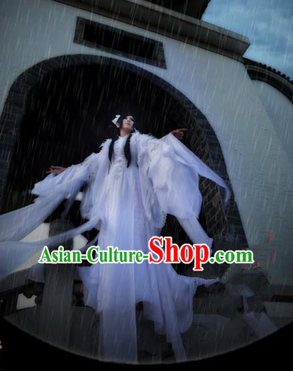 Traditional Asian Chinese Ancient Palace Princess Feather Costume, Elegant Hanfu Water Sleeve White Dance Dress, Chinese Imperial Princess Tailing Embroidered Clothing, Chinese Cosplay Fairy Princess Empress Queen Cosplay Costumes for Women