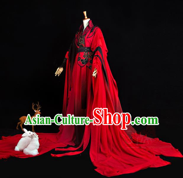 Traditional Ancient Chinese Imperial Consort Costume, Elegant Hanfu Cosplay Fairy Red Wedding Dress Chinese Han Dynasty Imperial Empress Embroidered Flowers Tailing Clothing for Women