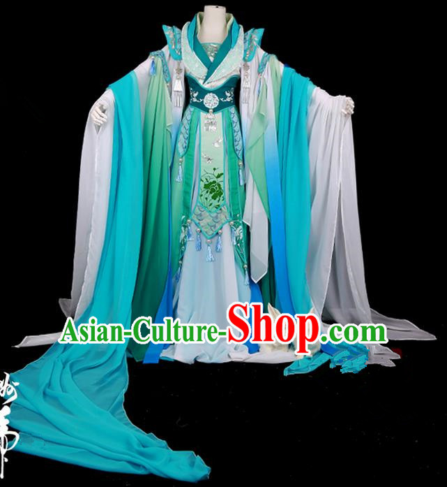 Traditional Ancient Chinese Swordsman Costume, Elegant Hanfu Cosplay Fairy Deep Blue Wide Sleeve Dress Chinese Han Dynasty Imperial Empress Scales Embroidery Tailing Clothing for Women