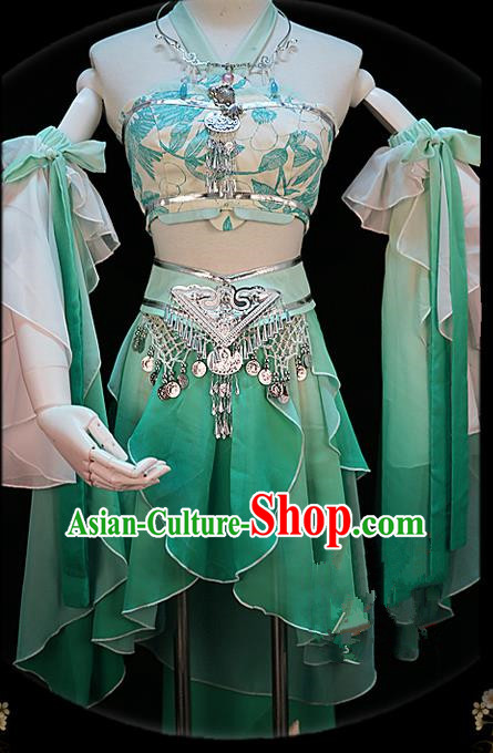 Traditional Ancient Chinese Palace Green Costume, Elegant Hanfu Cosplay Fairy Water Sleeve Dance Short Dress, Chinese Han Dynasty Imperial Princess Clothing for Women