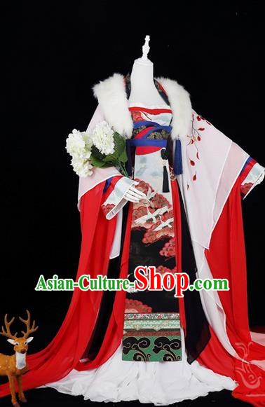 Traditional Ancient Chinese Palace Queen Costume, Elegant Hanfu Cosplay Fairy Wide Sleeve Dress Chinese Tang Dynasty Imperial Empress Embroidery Crane Leaves Tailing Clothing for Women