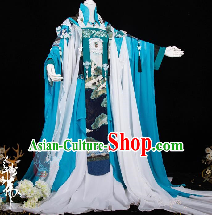 Traditional Ancient Chinese Palace Queen Costume, Elegant Hanfu Cosplay Fairy Wide Sleeve Dress Chinese Tang Dynasty Imperial Empress Embroidery Crane Phoenix Tailing Clothing for Women