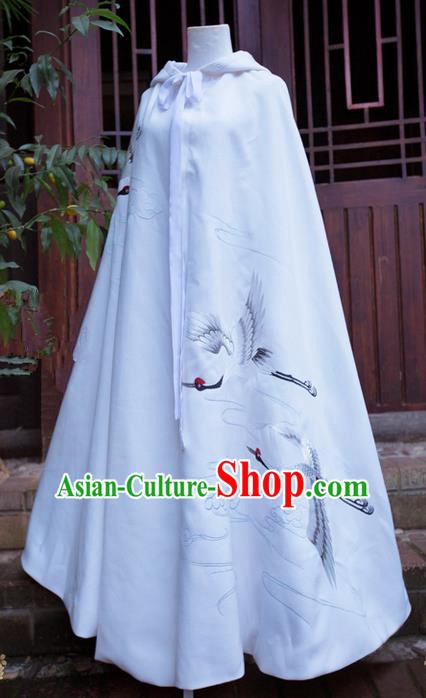 Traditional Asian Chinese Ancient Princess White Cloak Costume, Elegant Hanfu Mantle Clothing, Chinese Imperial Princess Embroidered Crane Hooded Cape Costumes for Women