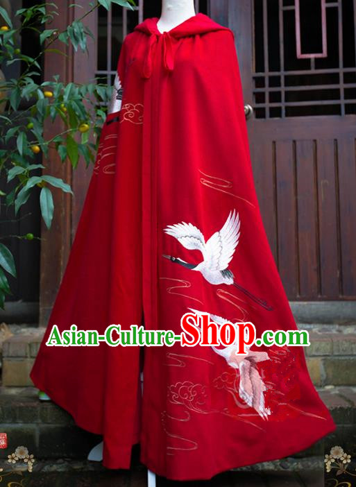 Traditional Asian Chinese Ancient Princess Red Cloak Costume, Elegant Hanfu Mantle Clothing, Chinese Imperial Princess Embroidered Crane Hooded Cape Costumes for Women
