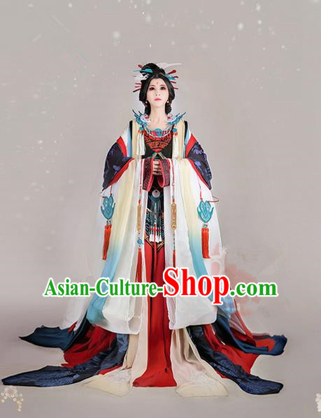 Traditional Ancient Chinese Imperial Consort Costume, Elegant Hanfu Cosplay Fairy Wide Sleeve Dress, Chinese Tang Dynasty Imperial Empress Embroidery Tailing Clothing for Women