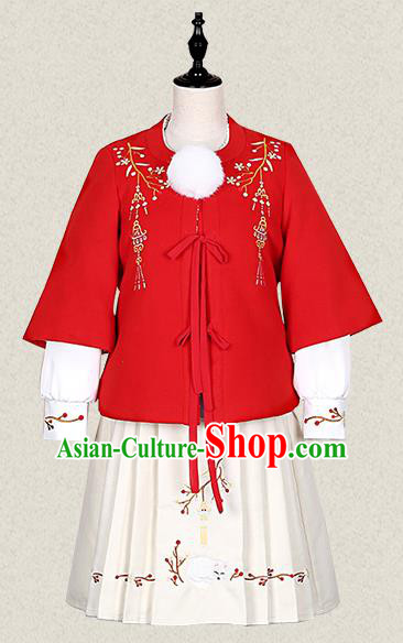 Traditional Ancient Chinese Female Costume Woolen Coat and Skirt Complete Set, Elegant Hanfu Clothing Chinese Ming Dynasty Palace Lady Embroidered Clothing for Women