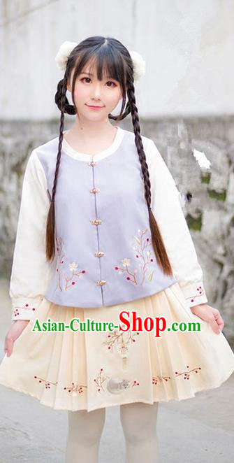 Traditional Ancient Chinese Female Costume Woolen Coat and Skirt Complete Set, Elegant Hanfu Lilac Clothing Chinese Ming Dynasty Palace Lady Embroidered Clothing for Women