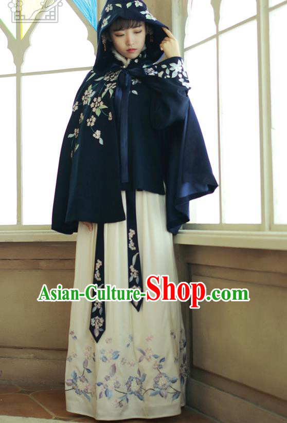 Traditional Asian Chinese Ancient Princess Woolen Navy Cloak Costume, Elegant Hanfu Mantle Clothing, Chinese Imperial Princess Embroidered Hooded Cape Costumes for Women
