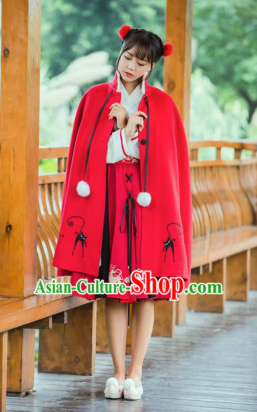 Traditional Asian Chinese Ancient Princess Woolen Red Cloak Costume, Elegant Hanfu Mantle Clothing, Chinese Imperial Princess Embroidered Deer Hooded Cape Costumes for Women