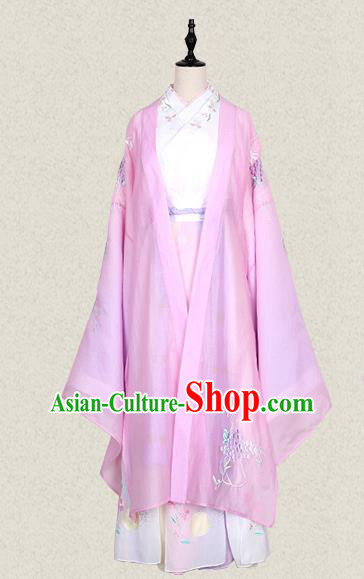 Traditional Ancient Chinese Female Costume Wide Sleeve Cardigan Blouse and Dress Complete Set, Elegant Hanfu Clothing Chinese Tang Dynasty Palace Lady Embroidered Pink Cassiae Clothing for Women