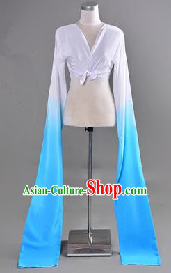 Traditional Chinese Long Sleeve Water Sleeve Dance Suit China Folk Dance Koshibo Long White and Blue Gradient Ribbon for Women
