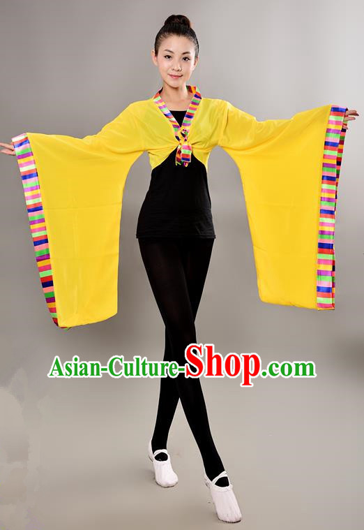 Traditional Chinese Tibetan Nationality Wide Sleeve Water Sleeve Dance Suit China Folk Dance Koshibo Yellow Blouse for Women