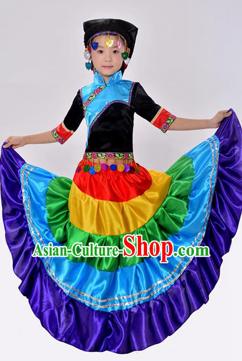 Traditional Chinese Yi Nationality Dancing Costume, Torch Festival Folk Dance Ethnic Pleated Skirt, Chinese Minority Nationality Costume for Kids
