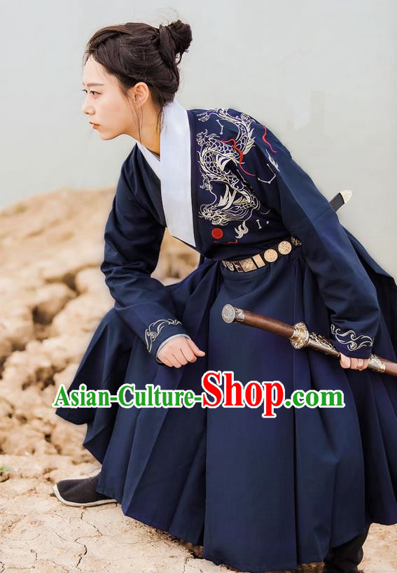 Traditional Ancient Chinese Female Swordsman Costume Complete Set, Elegant Hanfu Clothing Chinese Ming Dynasty Palace Imperial Bodyguard Embroidered Dragon Navy Clothing for Women