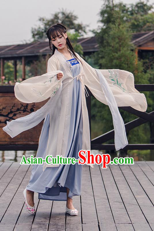 Traditional Ancient Chinese Female Costume Cardigan and Dress Complete Set, Elegant Hanfu Clothing Chinese Tang Dynasty Palace Princess Embroidered Orchid Clothing for Women