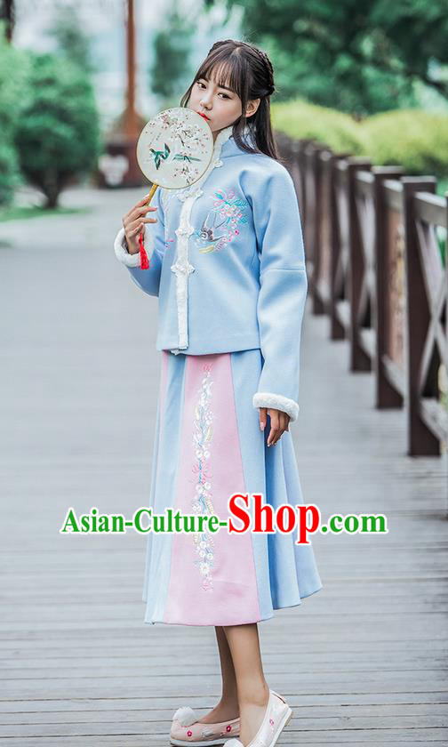 Traditional Ancient Chinese Female Costume Woolen Blue Blouse and Dress Complete Set, Elegant Hanfu Clothing Chinese Ming Dynasty Palace Princess Embroidered Swallow Clothing for Women