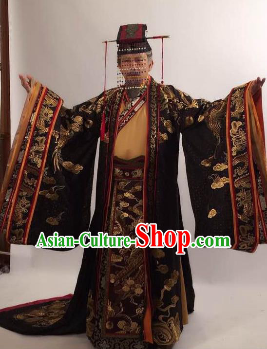 Traditional Ancient Chinese Imperial Emperor Costume and Hat Complete Set, Elegant Hanfu Palace King Robe, Chinese Tang Dynasty Majesty Embroidered Dragon Clothing and Headwear for Men