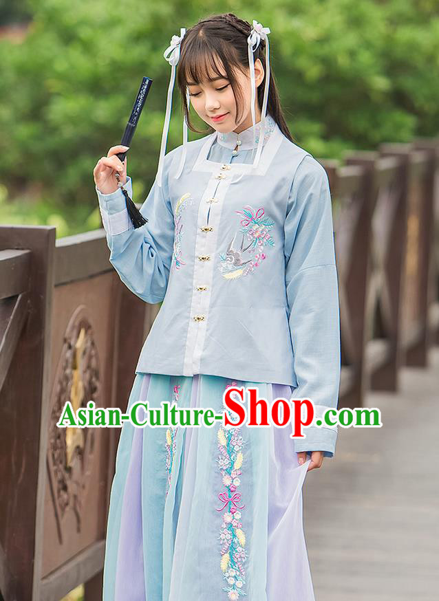 Traditional Ancient Chinese Female Costume Blue Blouse and Dress Complete Set, Elegant Hanfu Clothing Chinese Ming Dynasty Palace Princess Embroidered Swallow Clothing for Women