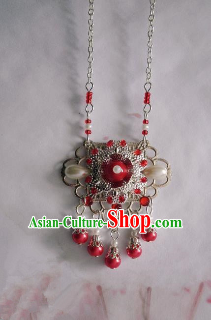 Traditional Handmade Chinese Ancient Classical Accessories Necklace Red Pearl Longevity Lock for Women
