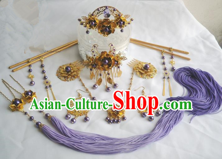 Traditional Handmade Chinese Ancient Classical Violet Gold Hair Accessories Earrings and Necklace Complete Set, Hair Sticks Butterfly Hair Jewellery, Hair Fascinators Hairpins for Women