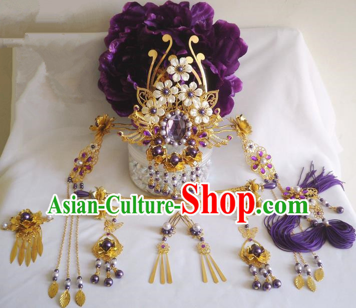 Traditional Handmade Chinese Ancient Classical Purple Hair Accessories Earrings and Necklace Complete Set, Hair Crown Flowers Hair Jewellery, Hair Fascinators Hairpins for Women