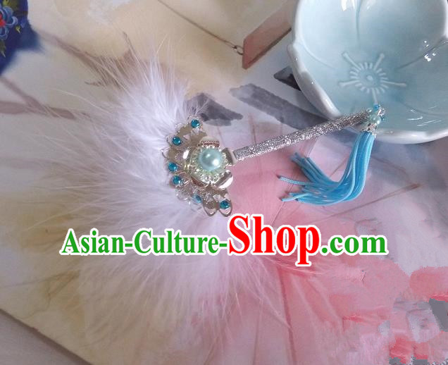 Traditional Chinese Handmade Ancient Hanfu Cosplay White Feather Little Fan Props