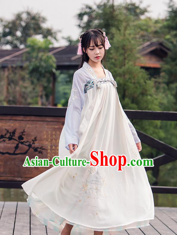 Traditional Ancient Chinese Female Costume Blouse and Dress Complete Set, Elegant Hanfu Clothing Chinese Tang Dynasty Embroidering Pavilions Palace Princess Clothing for Women