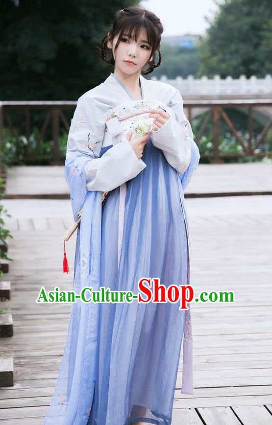 Traditional Ancient Chinese Female Costume Blouse and Dress Complete Set, Elegant Hanfu Clothing Chinese Tang Dynasty Palace Princess Embroidered Lotus Clothing for Women