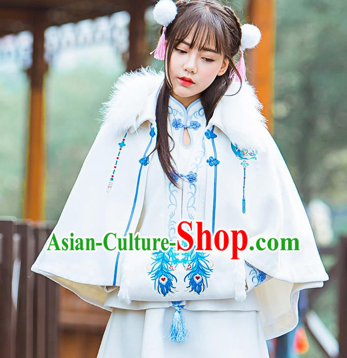 Traditional Ancient Chinese Female Costume Woolen Blue and White Porcelain Cardigan, Elegant Hanfu Short Cloak Chinese Ming Dynasty Palace Lady Embroidered Hooded Cape Clothing for Women