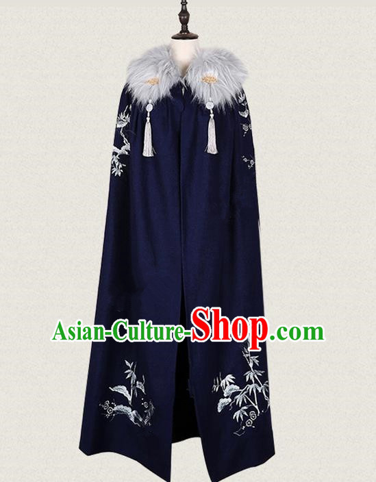 Traditional Ancient Chinese Female Costume Woolen Cardigan, Elegant Hanfu Long Cloak Chinese Ming Dynasty Palace Lady Embroidered Bamboo Navy Cape Clothing for Women