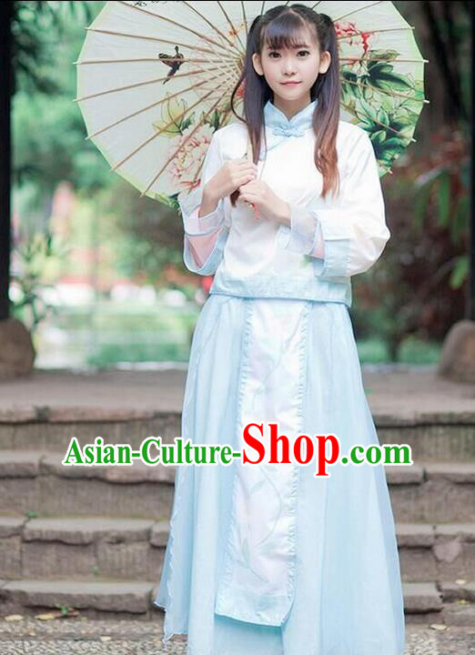 Traditional Ancient Chinese Female Costume Improved Stand Collar Blouse and Dress Complete Set, Elegant Hanfu Clothing Chinese Ming Dynasty Palace Princess Clothing for Women