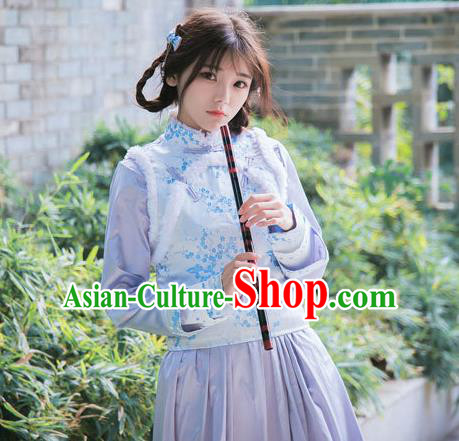 Traditional Ancient Chinese Female Costume Improved Vest, Elegant Hanfu Clothing Chinese Qing Dynasty Manchu Embroidered Blue Vests Clothing for Women