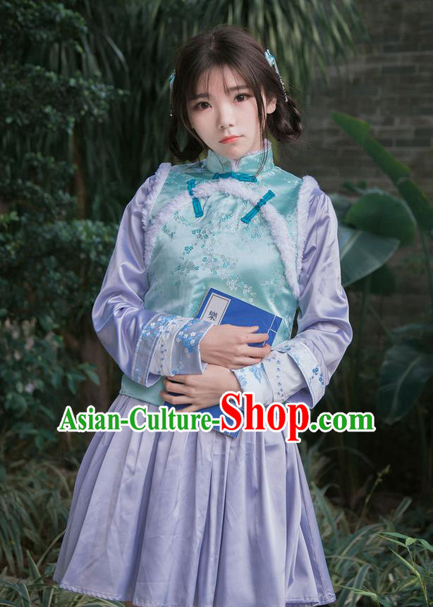 Traditional Ancient Chinese Female Costume Improved Vest, Elegant Hanfu Clothing Chinese Qing Dynasty Manchu Embroidered Green Vests Clothing for Women