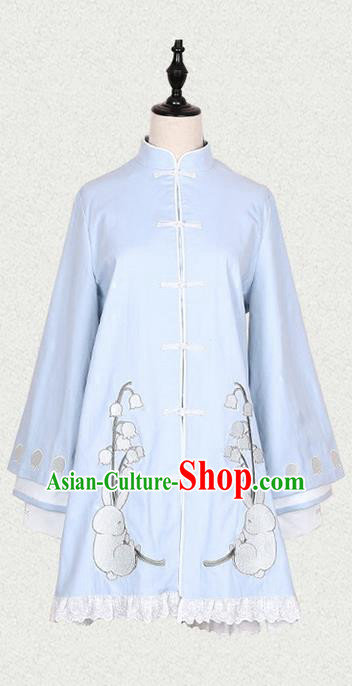 Traditional Ancient Chinese Female Costume Blue Long Blouse, Elegant Hanfu Clothing Chinese Song Dynasty Palace Princess Embroidered Convallaria Majalis Coat for Women