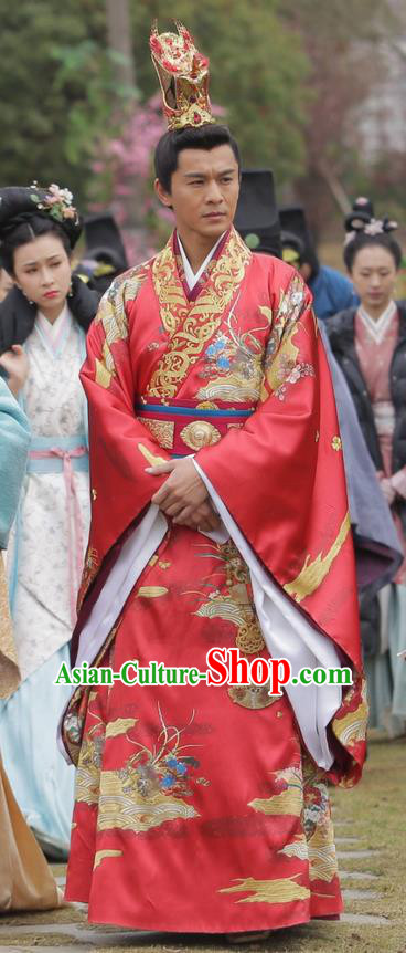 Traditional Ancient Chinese Imperial Emperor Wedding Costume and Hat Complete Set, Elegant Hanfu Palace King Robe, Chinese Han Dynasty Majesty Embroidered Dragon Clothing and Headwear for Men