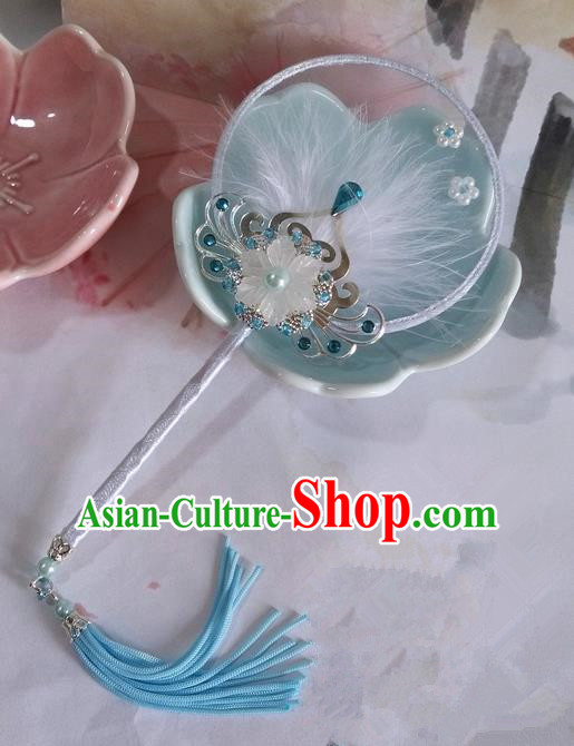 Traditional Chinese Handmade Ancient Hanfu Cosplay Round Blue Little Fan Props