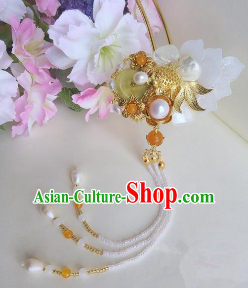 Traditional Handmade Chinese Ancient Princess Classical Accessories Jewellery Pure Copper Coloured Glaze Hair Sticks Pearl Hair Jewellery, Hair Fascinators Hairpins for Women